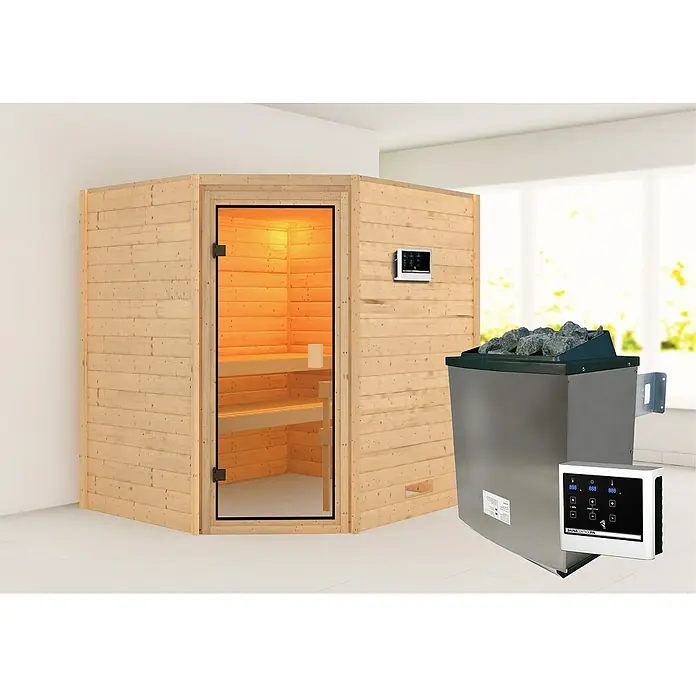 Karibu Massivholzsauna Kolmans - 9 kW Saunaofen mit externer Steuerung, L x B x H: 169 x 196 x 187 cm - Saunabereich mit Holzsauna, Steuerungselementen und Ofen für ein entspannendes Saunaerlebnis im eigenen Zuhause.