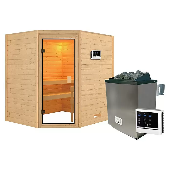Karibu Massivholzsauna Kolmans - 9 kW Saunaofen mit externer Steuerung, L x B x H: 169 x 196 x 187 cm - Vorderansicht