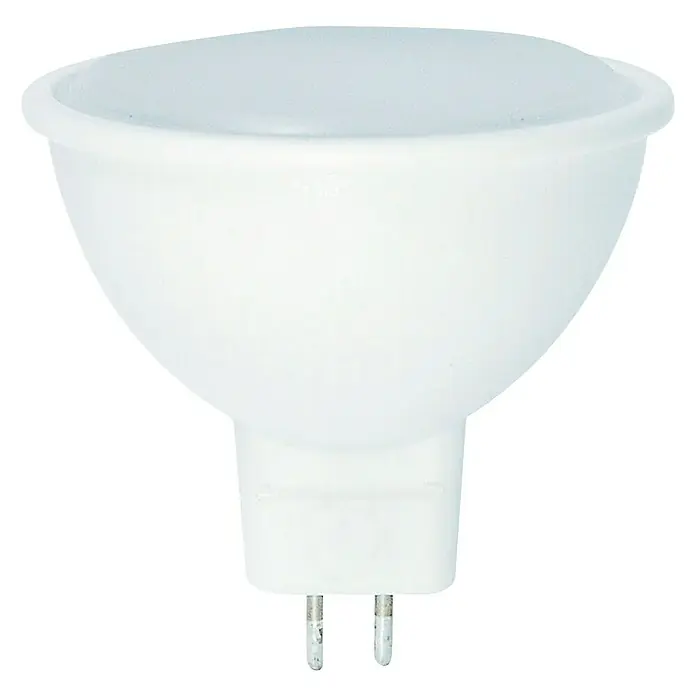 Garza Bombilla LED - GU10, No regulable, Blanco neutro, 500 lm, 5 W - Primer plano de una bombilla LED MR16 blanca con dos pines en la base, aislada sobre un fondo negro.