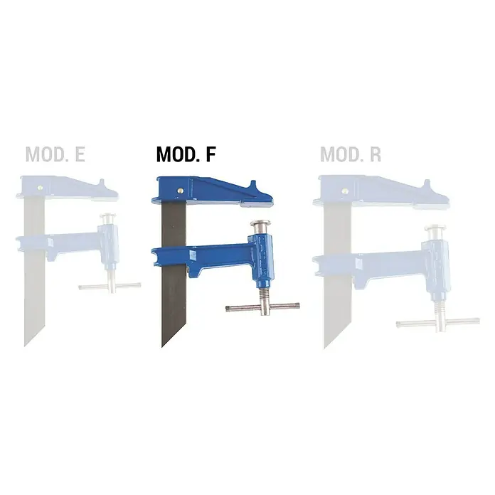 Piher Sargento F-40 - Anchura de sujeción: 400 mm, Fuerza de tensión: 9.000 N, Apertura máxima: 120 mm - Mod. F: Una mordaza de tornillo azul con mango en T, ideal para diversas tareas de sujeción en talleres y artesanías.