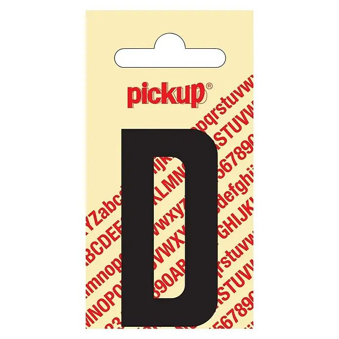 Pickup Aufkleber - Motiv: D, Schwarz, Höhe: 60 mm - Aufkleber „D“ der Marke Pickup mit gelbem Hintergrund, roter Beschriftung und schwarzem Buchstaben.