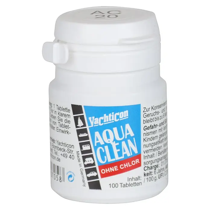 Yachticon Wasseraufbereiter Aqua Clean AC20 - Max. ausreichend für Flüssigkeitsmenge: 2.000 l - Ein weißer Behälter mit "Yachticon Aqua Clean"-Tabletten zur Wasseraufbereitung, chlorfrei und "Made in Germany".