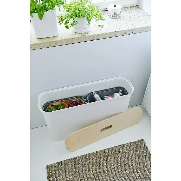 SmartStore Collect Mülltrennsystem Slim - 46 l, Weiß, Rechteckig, Kunststoff - Weißer Mülleimer mit Fächern für Wertstoffe und Kompostierung mit Holzdeckel für Küche und Recycling.