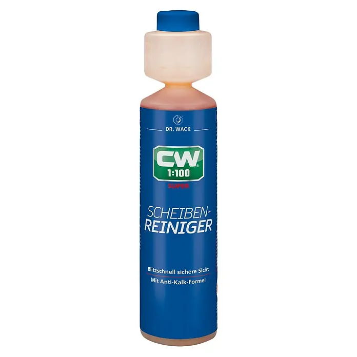Dr. Wack Scheibenreiniger CW1:100 Super-Konzentrat - 250 ml - Produktbild einer Flasche Dr. Wack Scheibenreiniger 1:100 Super mit Anti-Kalk-Formel für blitzschnell sichere Sicht.