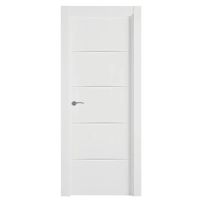 Pack puerta de interior Haití - 62,5 x 203 cm, Derecha, Blanco - Elegante puerta blanca con ranuras horizontales y una manija moderna, perfecta para interiores contemporáneos. La puerta es elegante y funcional.