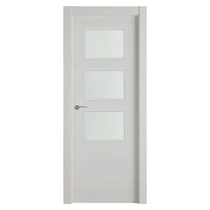 Pack puerta acristalada Nebraska - 82,5 x 203 cm, Derecha, Gris claro - Una puerta interior blanca moderna con tres inserciones rectangulares de vidrio y un elegante tirador plateado. La puerta es sencilla y elegante.