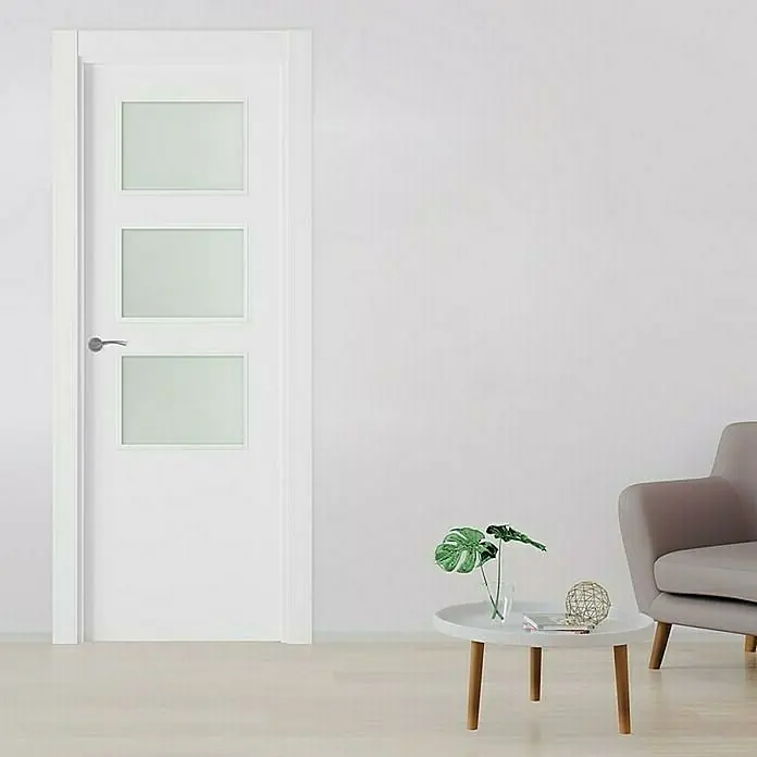 Pack puerta acristalada Barbados Evo - 82,5 x 203 cm, Derecha, Blanco - Elegante puerta interior blanca con tres paneles de vidrio. Esta puerta aporta un toque moderno, perfecta para espacios luminosos con diseño minimalista.