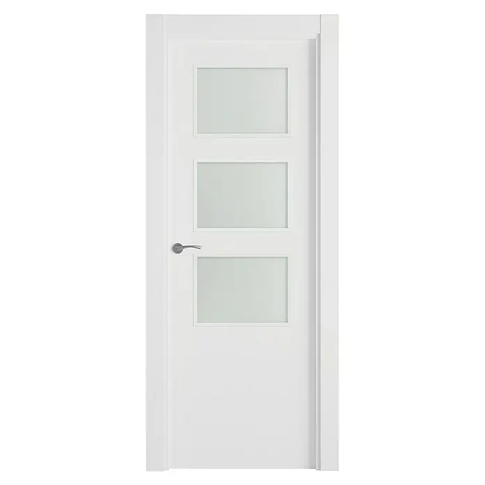Pack puerta acristalada Barbados Evo - 82,5 x 203 cm, Derecha, Blanco - Una puerta blanca moderna con tres paneles de vidrio rectangulares y una manija plateada, ideal para un hogar elegante.