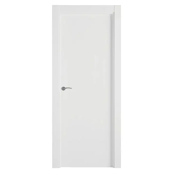 Pack puerta de interior Barbados - 72,5 x 203 cm, Derecha, Blanco - Primer plano de una puerta interior blanca y moderna con un diseño elegante y manija plateada. Perfecta para espacios minimalistas.