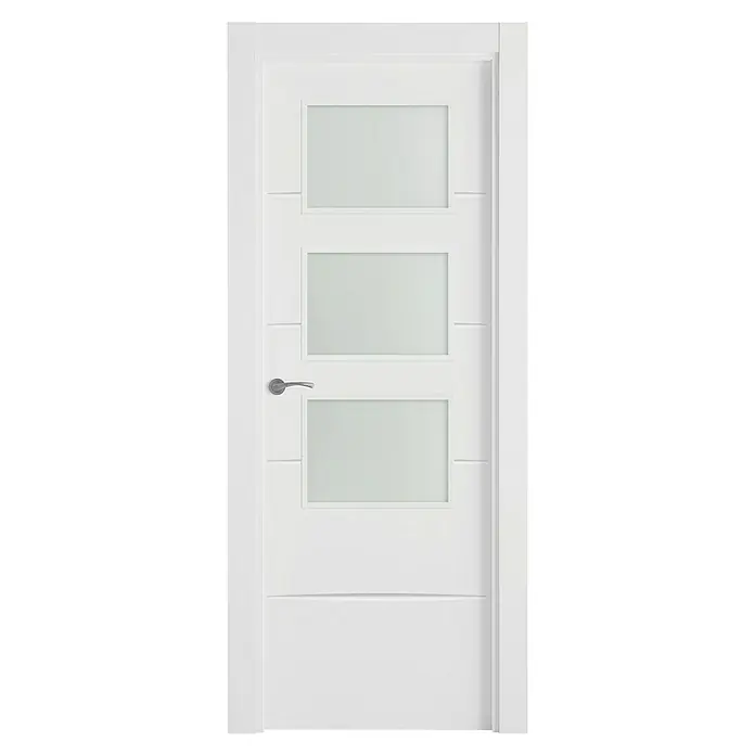 Pack puerta de interior Haití - 72,5 x 203 cm, Derecha - Elegante puerta interior blanca con tres inserciones de vidrio rectangulares y una manija moderna, ideal para espacios habitables elegantes.