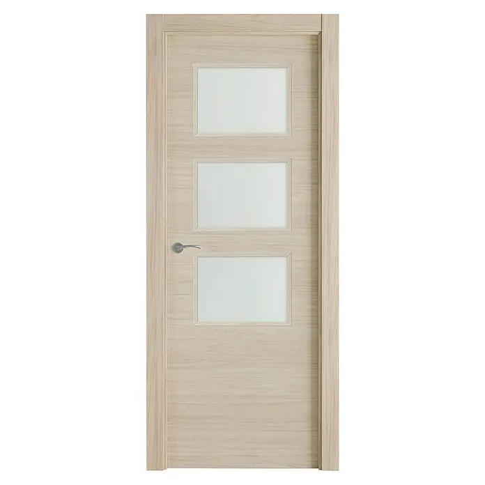 Pack puerta acristalada Arizona - 72,5 x 203 cm, Derecha, Roble arena - Elegante puerta interior con tres inserciones de vidrio rectangulares y un tirador moderno, perfecta para un hogar elegante.