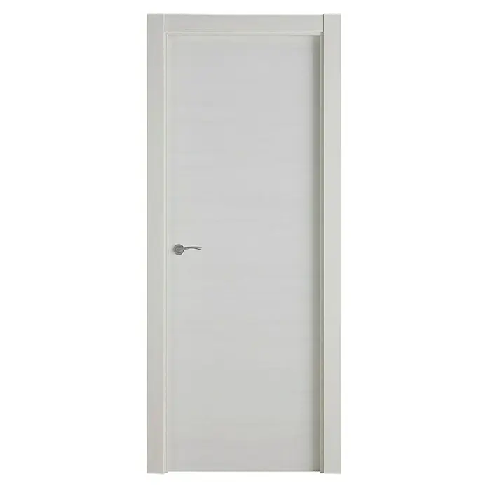 Pack puerta de interior Nebraska - 82,5 x 203 cm, Derecha, Gris claro - La imagen muestra una puerta blanca moderna con una manija elegante, destacando su diseño elegante y moderno.