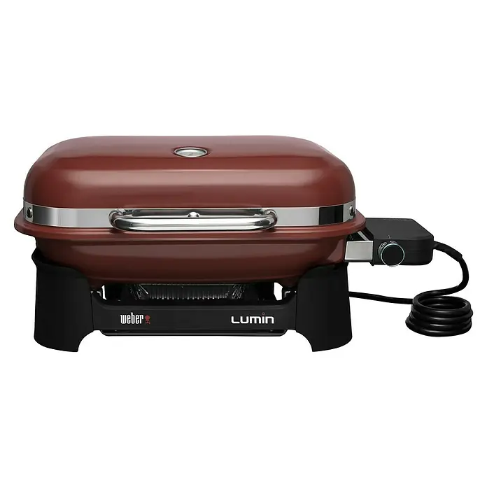 Weber Elektrogrill Lumin Compact - Grillfläche (B x T): 43 x 28 cm, 2.200 W, Rot - Nahaufnahme eines Weber Lumin Elektrogrills in Burgunderrot, der modernes Design und Funktionalität für das Grillen im Freien vereint.