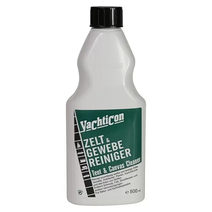Yachticon - 500 ml - Weiße 500ml Flasche Yachticon Zelt & Gewebe Reiniger mit schwarzem Verschluss und grünem Etikett.