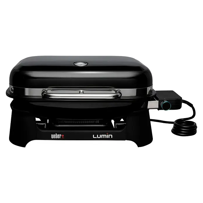 Weber Barbacoa eléctrica Lumin 2000 - Superficie de la parrilla (An x Pr): 49 x 33 cm, 2,2 kW, Negro - Primer plano de la barbacoa eléctrica Weber Lumin en negro elegante, perfecta para asar con estilo en espacios reducidos.
