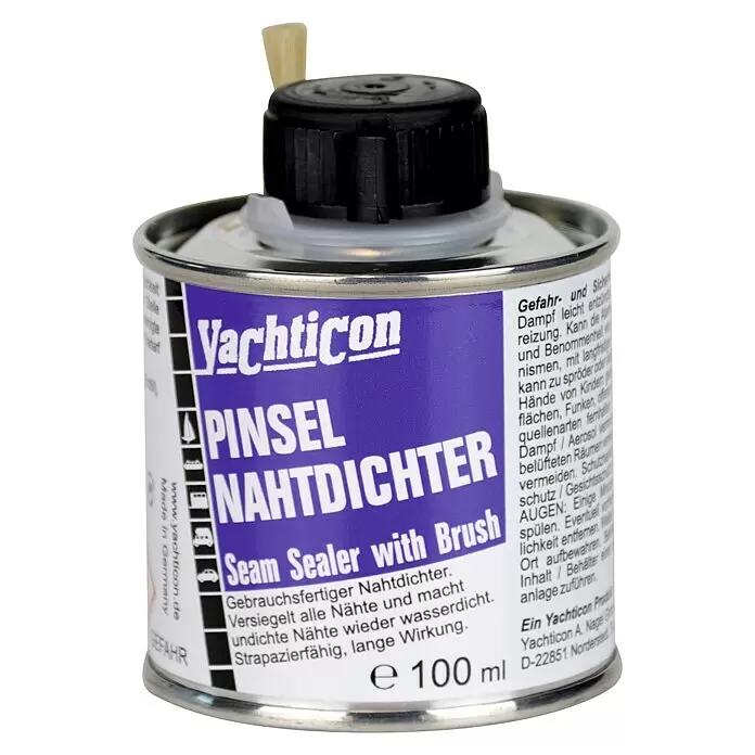 Yachticon Nahtdichter Pinsel - Nettovolumen: 100 ml - Metallkanne Yachticon Pinsel Nahtdichter mit lila-weißem Etikett, schwarzer Schraubkappe und integriertem Pinselapplikator.