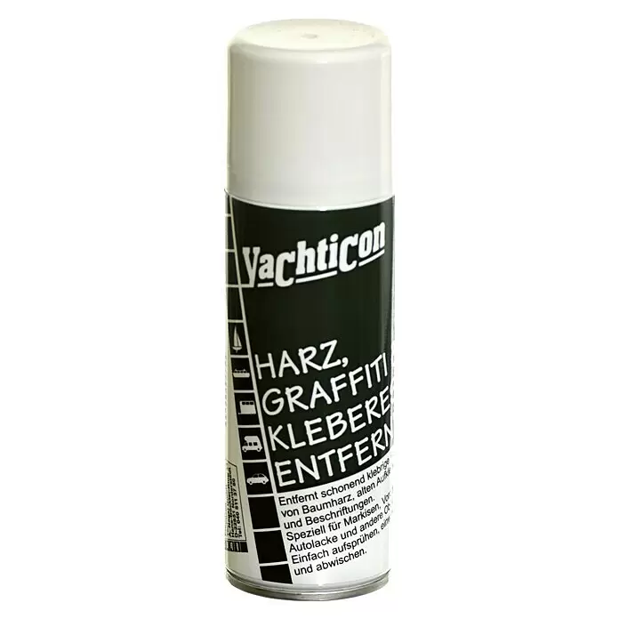 Yachticon Aufkleber-Kleberesteentferner - 200 ml - Weiße Yachticon Aerosolspraydose, Harz-, Graffiti- und Klebstoffentferner, mit schwarzem Etikett.