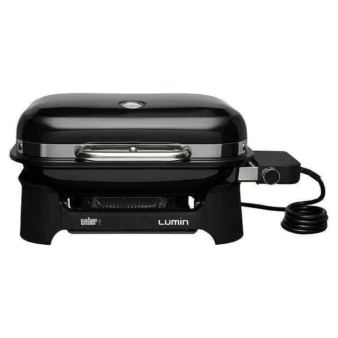 Weber Elektrogrill Lumin Compact - Grillfläche (B x T): 43 x 28 cm, 2.200 W, Schwarz - Elektrischer Weber Lumin Grill in glänzendem Schwarz mit Temperaturregler und Bedienfeld.