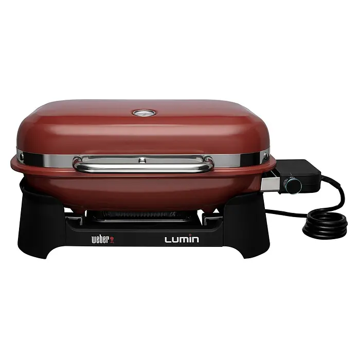 Weber Elektrogrill Lumin - Grillfläche (B x T): 49 x 33 cm, 2.200 W, Rot - Weber Lumin Elektrogrill in elegantem Rot mit Temperaturregler und schwarzem Untergestell für den Außenbereich.