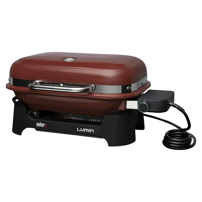 Weber Elektrogrill Lumin Compact - Grillfläche (B x T): 43 x 28 cm, 2.200 W, Rot - Weber Lumin Elektrogrill in Burgunderrot: Kompakt, modern, mit Temperaturregler für vielseitiges Grillen.