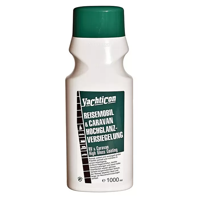 Yachticon Politur Reisemobil & Caravan Hochglanz-Versiegelung - 1.000 ml - Weiße Yachticon Reisemobil & Caravan Hochglanz-Versiegelungsflasche mit grünem Deckel und Etikett, 1000 ml.