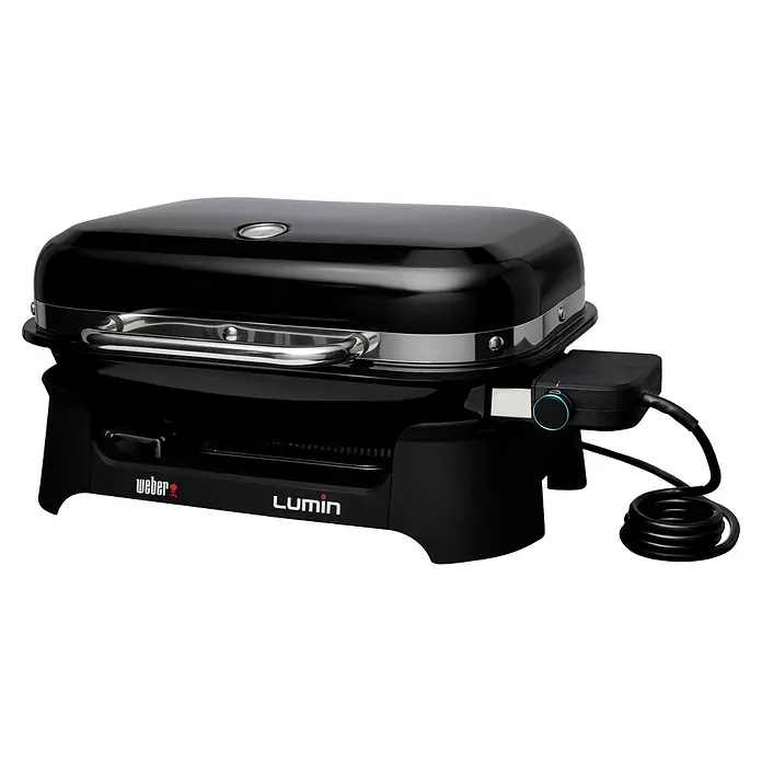 Weber Barbacoa eléctrica Lumin 2000 - Superficie de la parrilla (An x Pr): 49 x 33 cm, 2,2 kW, Negro - Elegante parrilla eléctrica Weber Lumin negra, ideal para balcones y patios pequeños. Compacta, potente y fácil de usar para amantes de la parrilla.