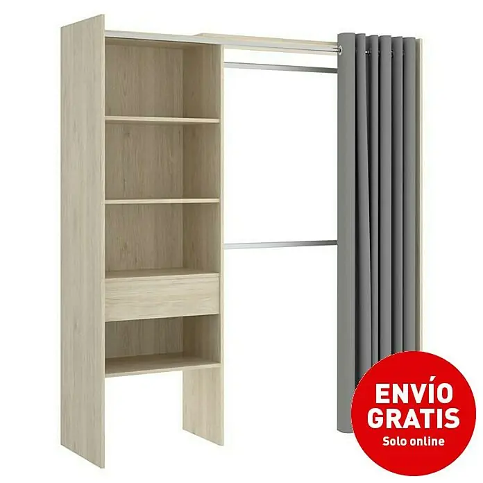 Dekit Armario para ropa Suit - L x An x Al: 50 x 160 x 205 cm, Natural, Melamina - Armario de madera clara con estantes y barra para colgar, cubierto por cortina gris. Solución de almacenamiento práctica para cualquier hogar.