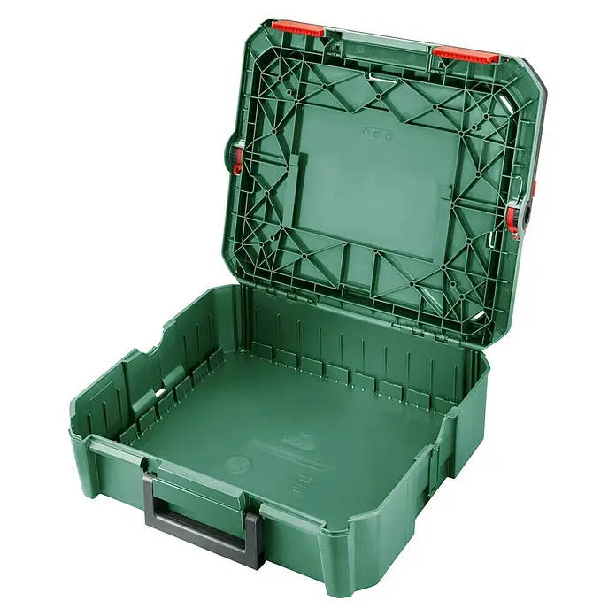 Bosch Systemkoffer SystemBox Größe S - L x B x H: 34,3 x 39 x 12,1 cm, Werkzeugaufbewahrung - Geöffnete, leere grüne Werkzeugkiste mit schwarzen Griff und roten Akzenten, die eine robuste Aufbewahrungslösung für Werkzeuge bietet.