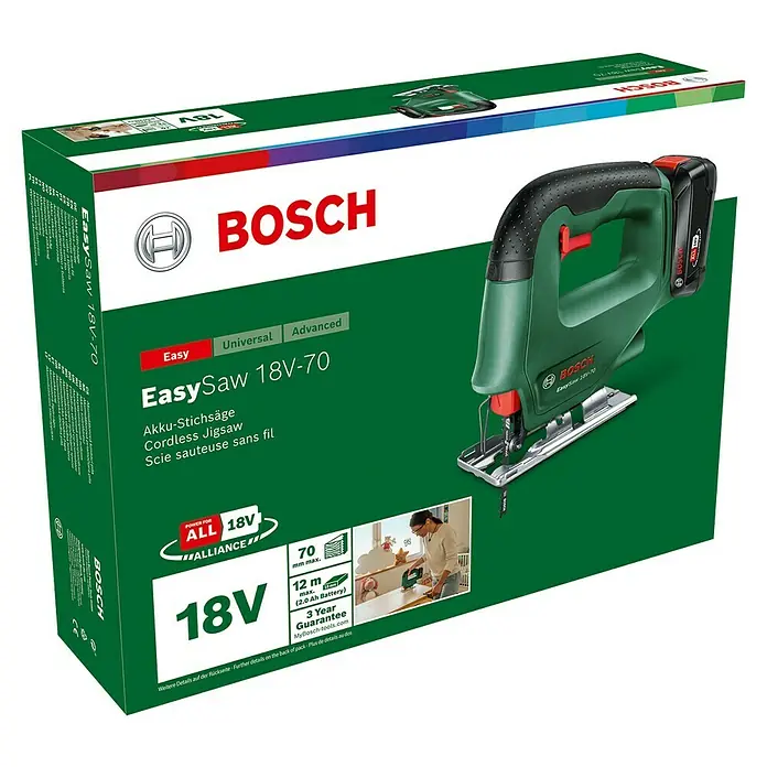 Bosch Power for All 18V Akku-Stichsäge EasySaw 18V-70 - 18 V, 1 Akku, 2 Ah, Leerlaufhubzahl: 2.600 /min - Abbildung einer Bosch EasySaw 18V-70 Akku-Stichsäge.