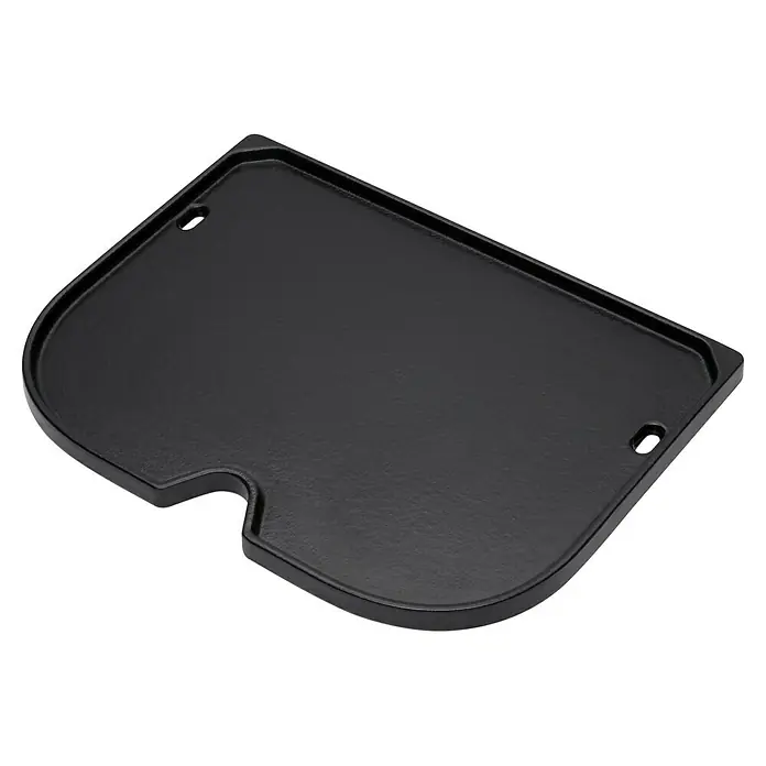 Weber Grillplatte Lumin - Metall, Passend für: Weber Elektrogrill Lumin Compact - Ein rechteckiger, schwarzer Grillaufsatz mit abgerundeten Ecken und einer Aussparung an der Seite, ideal zum Grillen.
