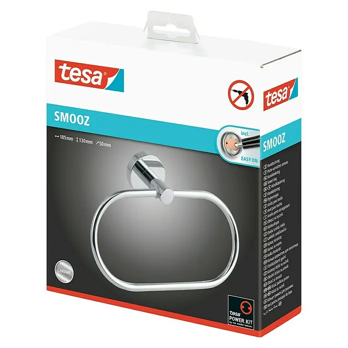 Tesa Smooz Handtuchring - Chrom, Glänzend - Produktverpackung für einen verchromten, ovalen Handtuchring von Tesa Smooz.