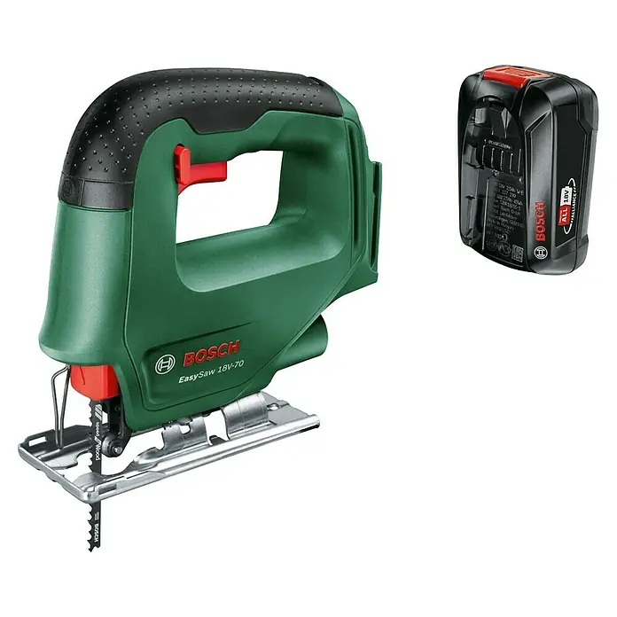 Bosch Power for All 18V Akku-Stichsäge EasySaw 18V-70 - 18 V, 1 Akku, 2 Ah, Leerlaufhubzahl: 2.600 /min - Akkubetriebene Bosch EasySaw 18V-70 Stichsäge und 18V Akku, ideal für präzise Holzarbeiten und DIY-Projekte.