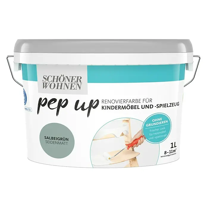 SCHÖNER WOHNEN-Farbe Pep up Renovierfarbe für Kindermöbel und -spielzeug - Salbeigrün, 1 l, Seidenmatt - Farbeimer "Schöner Wohnen pep up" in Salbeigrün seidenmatt, ideal für Kindermöbel und Spielzeug, mit 1 Liter Inhalt und einer Reichweite von 8-11 m².