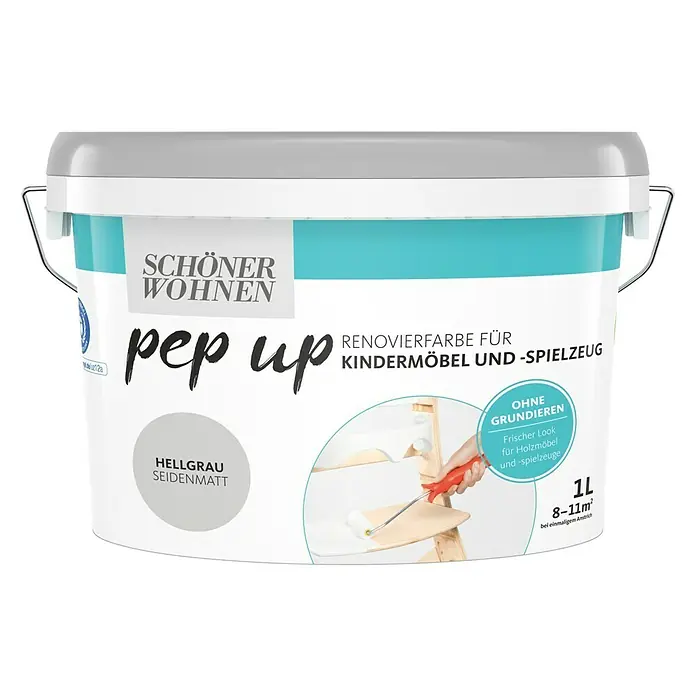 SCHÖNER WOHNEN-Farbe Pep up Renovierfarbe für Kindermöbel und -spielzeug - Hellgrau, 1 l, Seidenmatt - Eimer Renovierfarbe für Kindermöbel und Spielzeug, "pep up" von Schöner Wohnen, hellgrau seidenmatt, 1 Liter, für ein frisches Aussehen.