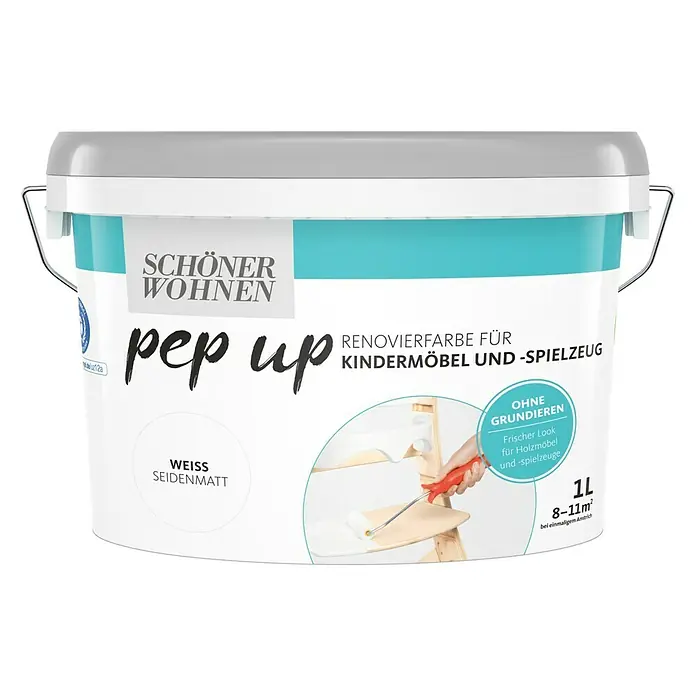 SCHÖNER WOHNEN-Farbe Pep up Renovierfarbe für Kindermöbel und -spielzeug - Weiß, 1 l, Seidenmatt - Farbdose „Schöner Wohnen pep up“ Renovierfarbe für Kindermöbel und Spielzeug in Weiß Seidenmatt, Inhalt 1L, für 8-11m² bei einmaligem Anstrich.