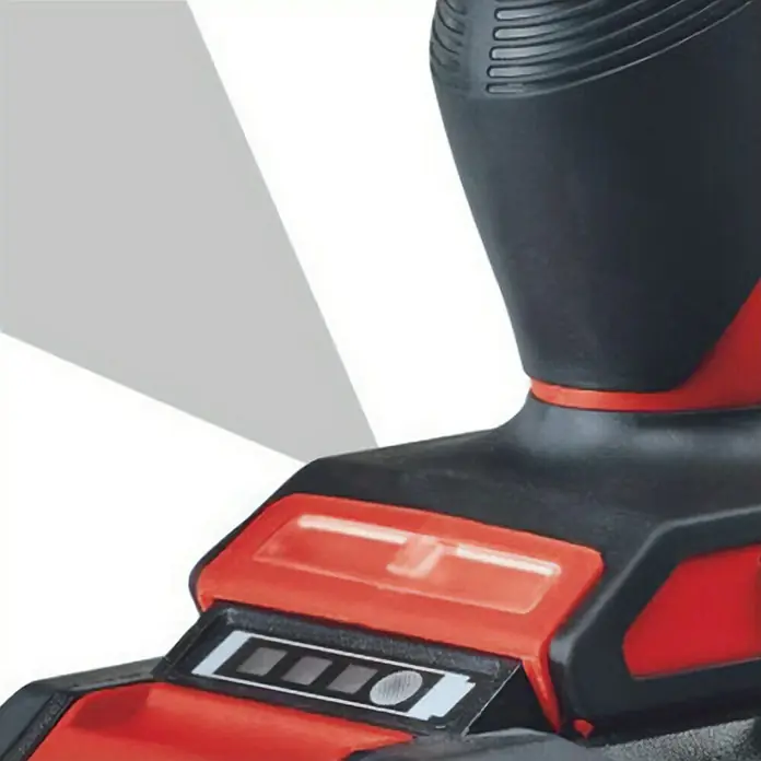 Einhell PXC 18V Taladro atornillador de batería TE-CD18/45 - 18 V, 2 baterías, 2 Ah, 45 Nm - Primer plano de una herramienta eléctrica roja y negra con indicador de nivel de batería.