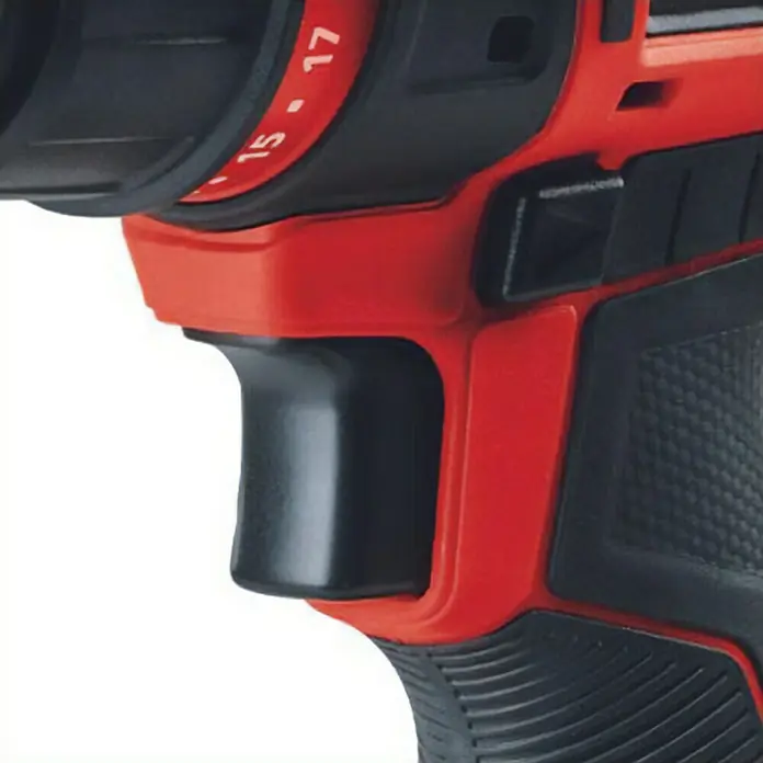 Einhell PXC 18V Taladro atornillador de batería TE-CD18/45 - 18 V, 2 baterías, 2 Ah, 45 Nm - Primer plano de un taladro inalámbrico rojo con empuñadura negra y ajuste de torque.