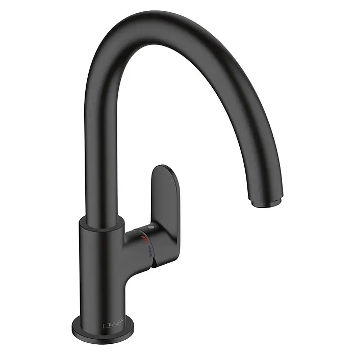 Hansgrohe Vernis Blend Spültischarmatur M35 - Schwarz, Matt - Nahaufnahme eines modernen, mattschwarzen Hansgrohe Wasserhahns mit geschwungenem Auslauf und Hebel zur Temperatureinstellung.