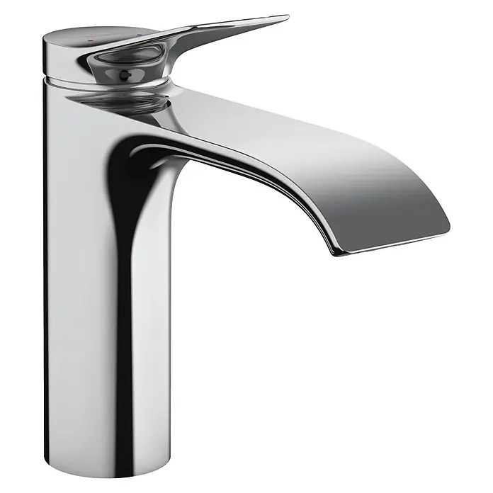 Hansgrohe Waschtischarmatur Vivenis 110 - Höhe: 17,5 cm, Chrom, Glänzend - Nahaufnahme einer eleganten, verchromten Waschtischarmatur. Das moderne Design zeichnet sich durch klare Linien und eine glänzende Oberfläche aus.