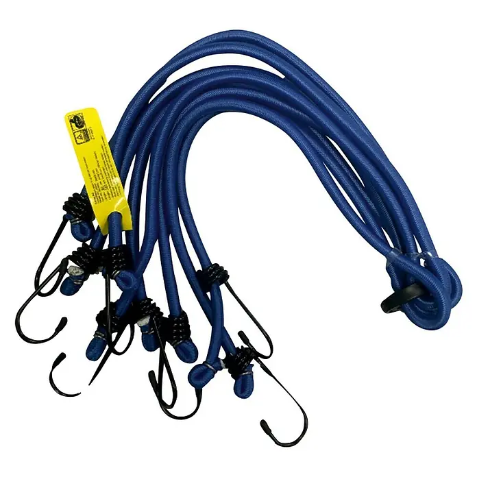 Gepäckspinne - 8-armig, 80 cm - Ein Bündel blauer Gummiseile mit Haken und gelbem Anhänger für sichere Befestigungen beim Transport oder im Haushalt.