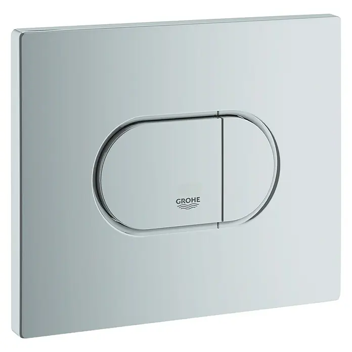 Grohe Betätigungsplatte Arena Cosmopolitan - Chrom matt, Spül-Stopp-System, Waagrecht - Nahaufnahme einer glänzenden Grohe Betätigungsplatte für die Toilettenspülung mit zwei Tasten für unterschiedliche Spülmengen.