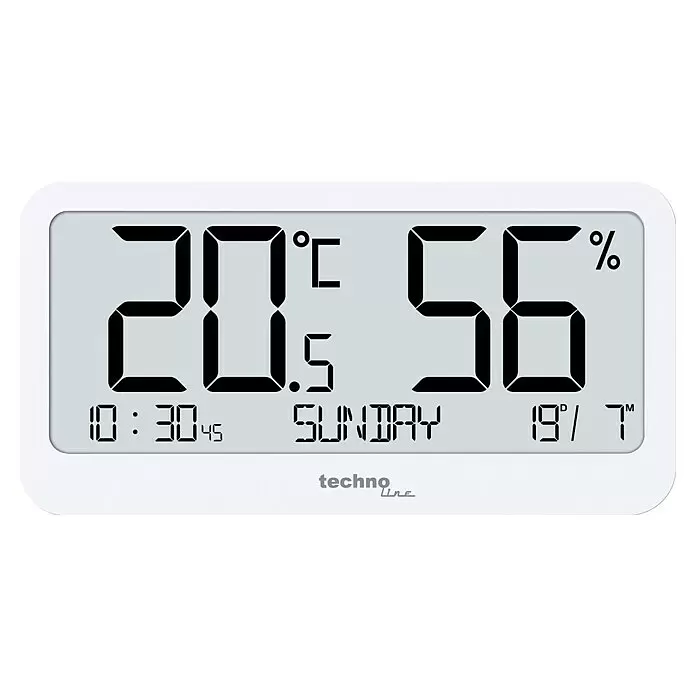 Technoline Digitales Thermo-Hygrometer mit Uhrzeitanzeige WS9455 - Batteriebetrieben, Weiß, 107 x 55 x 13 mm - Weißes digitales Thermometer und Hygrometer zeigt 20.5°C, 56% Luftfeuchtigkeit, 10:30:45, Sonntag, und Min/Max-Temperaturen an.
