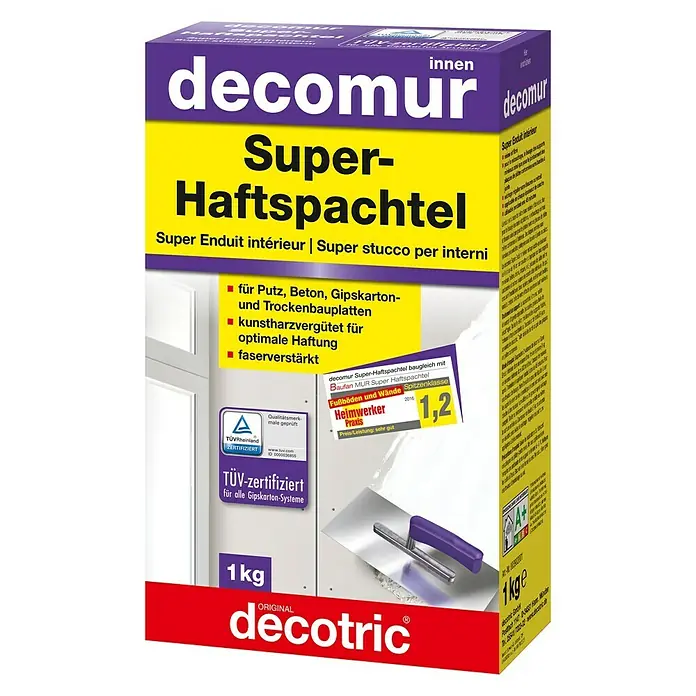 Decotric decomur Super-Haftspachtel - 1 kg - Abbildung der Verpackung von Decotric Super-Haftspachtel, einer Spachtelmasse für den Innenbereich, 1 kg.