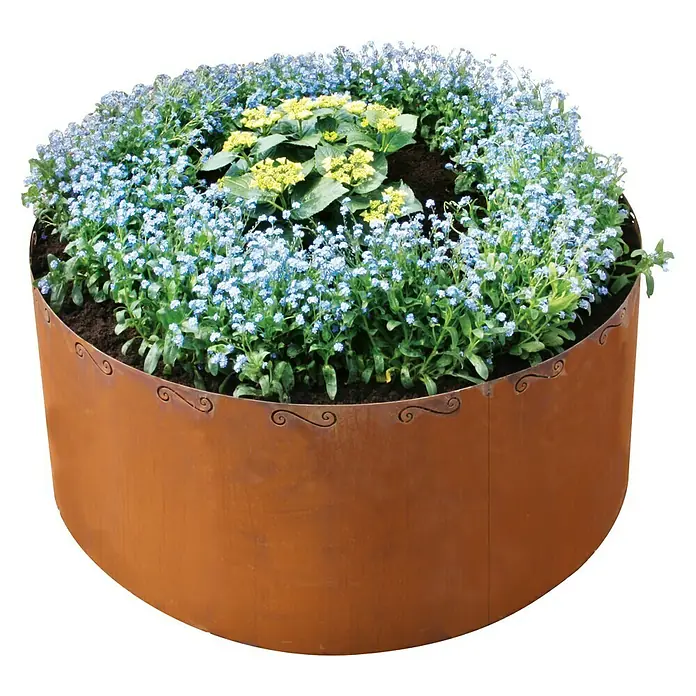 Bellissa Hochbeet Corten - Ø x H: 110 x 50 cm, Stahl, Bronze - Blumenkasten aus rostfarbenem Metall mit blauen und gelben Blumen.