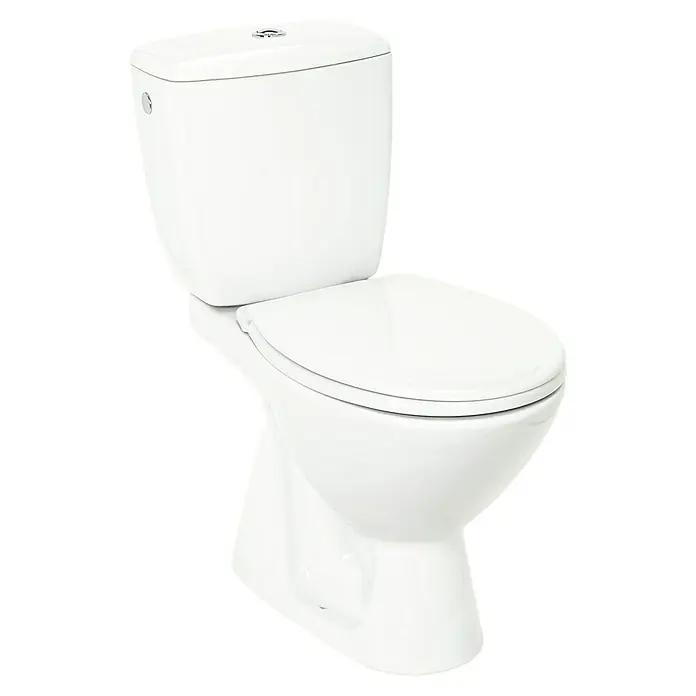 Stand-WC-Kombination Koral - Mit Spülrand, Ohne Spezialglasur, Spülform: Tief, WC Abgang: Senkrecht, Weiß - Weisse Keramiktoilette mit Spülkasten. Das moderne Design fügt sich gut in jedes Badezimmer ein.