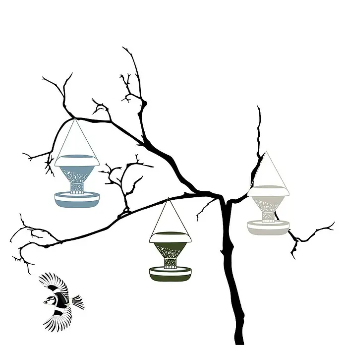 Swissinno Futtersilo Smart Birds - Hellgrau - Illustration eines Baumes mit drei Futterhäuschen in verschiedenen Farben und einem fliegenden Vogel.