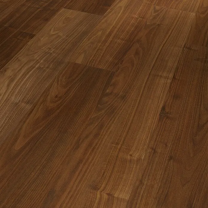 Parador Laminatmuster Basic 200 Walnuss - 200 x 194 x 7 mm, Landhausdiele - Nahaufnahme von Laminatboden in warmen Brauntönen mit deutlicher Holzmaserung für ein natürliches Aussehen.