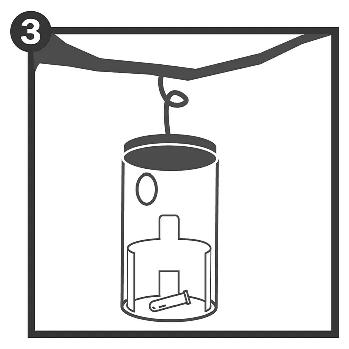 Swissinno Buchsbaumzünsler-Falle Nachfüllpack - 2 Stk. - Die Abbildung zeigt eine Insektenfalle mit der Nummer 3, die an einem Ast hängt, um Insekten zu fangen und zu überwachen.