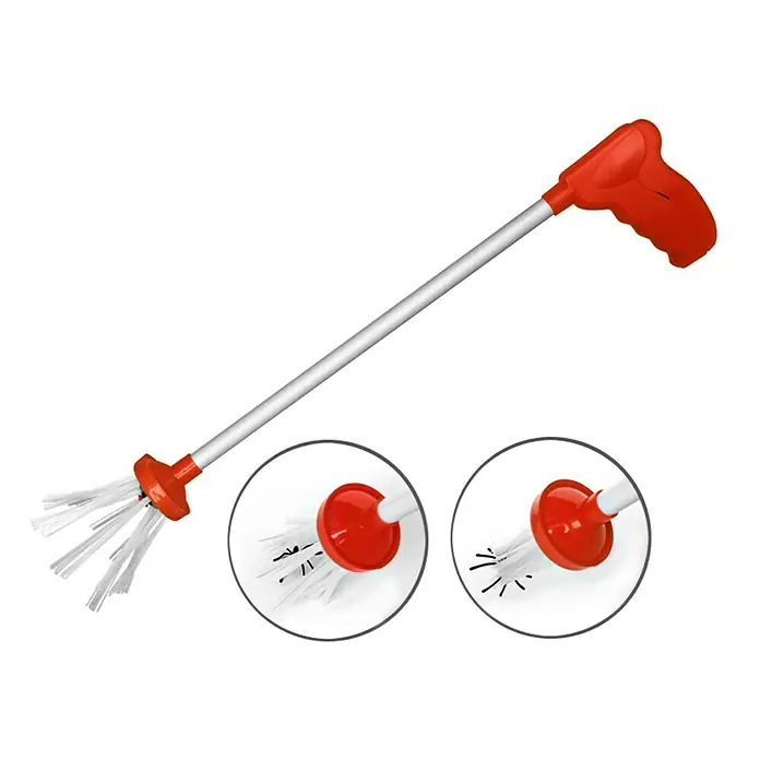Swissinno Spinnenfänger - Länge: 65 cm - Bild einer roten Spinnenfangvorrichtung mit Griff, Stiel und Bürste, die Spinnen sicher entfernt. Inklusive Nahaufnahmen der Bürste.