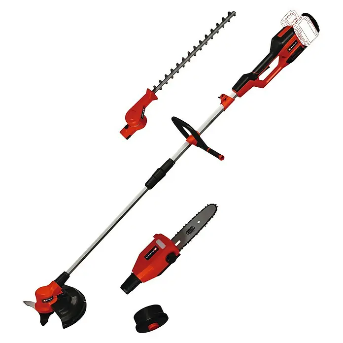 Einhell PXC 18V Multiherramienta de jardín 36VGE-LM 36/4in1 + Batería y cargador PXC-Starter kit - 36 V, Iones de litio, 4 Ah, 2 baterías - Herramienta de jardinería versátil con accesorios de cortasetos, motosierra y cortacésped para diversas tareas de jardín.